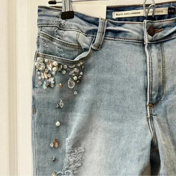 Brave Soul Skinny Jeans Beaded Distressed Denim Stretch Light Blue Size 27 4 NWT - Picture 9 of 16